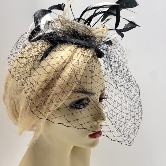 Black Headband Feathers Fascinator with Black netting on Headband - Picture 4 of 15
